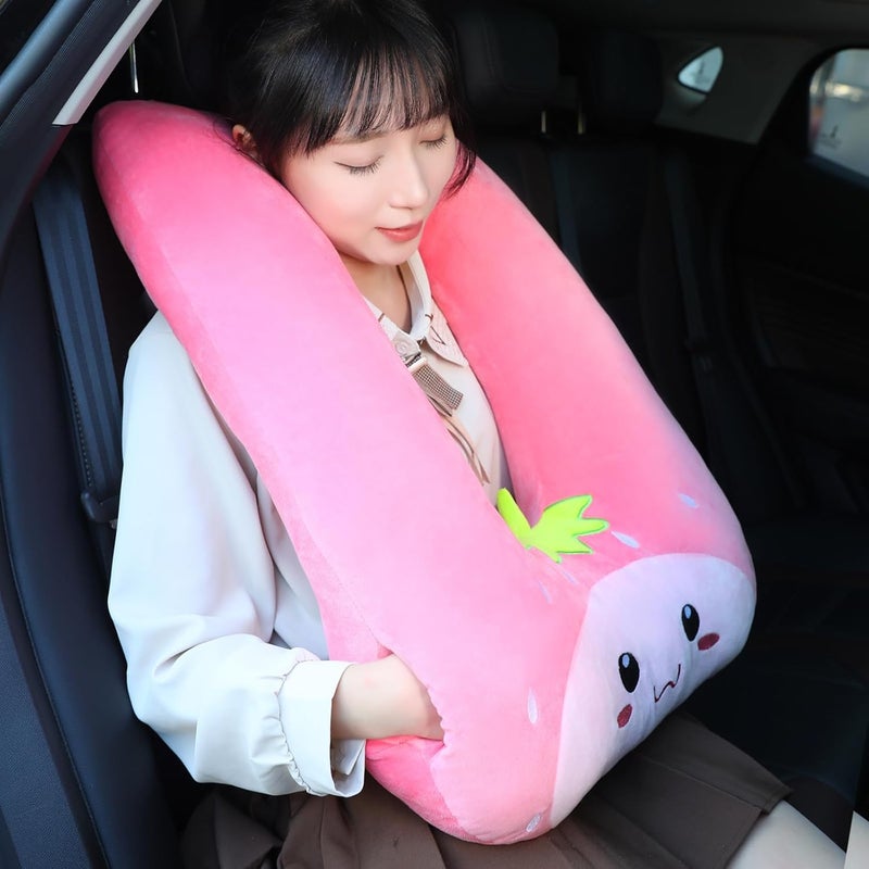 MissSoul Kids Travel Pillow for Car Seat with Hand Muff, Cartoon Neck & Headrest Seat Belt Pillow for Car Road Trips Long-Distance Travel Sleeping Pillow for Adults and Children, Strawberry - Image 1